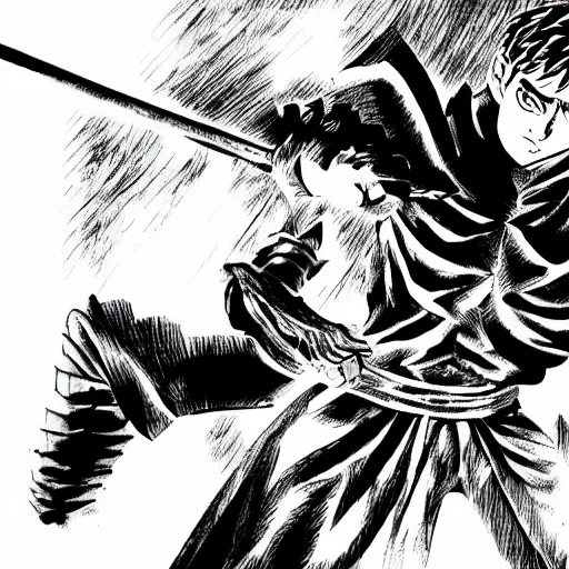 Image similar to pose of guts from berserk in the style of kentaro miura ’ s black and white manga art