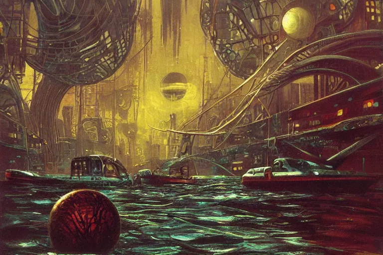 Image similar to river boats speeding between spherical tree houses on flooded streets of new york painting by h. r. giger and paul lehr