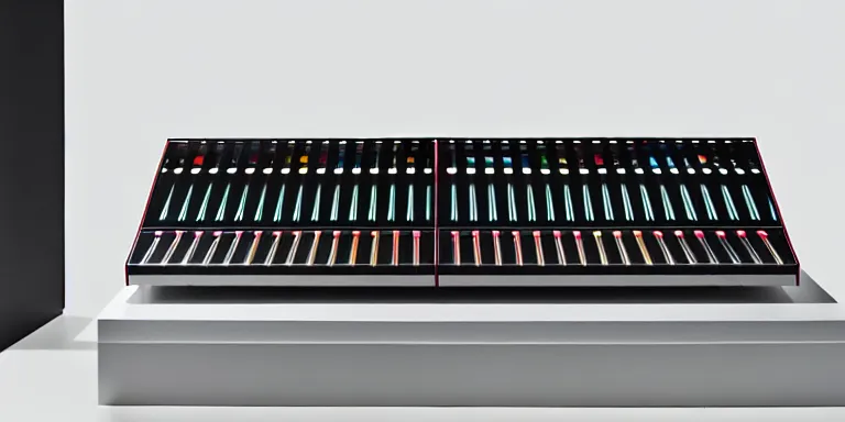 Image similar to dezeen showroom , minimalissimo, archdaily, , teenage engineering moad, mother of all decks, product design concept,product shot of moog melotron synthesizer with gradient screen designed by jony ives, dieter rams, 8k, highly detailed photo
