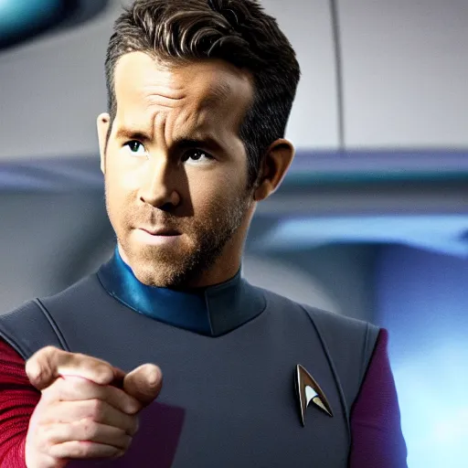 Image similar to Ryan Reynolds in Star Trek, highly detailed, high quality, HD, 4k, 8k, Canon 300mm, professional photographer, 40mp, lifelike, top-rated, award winning, realistic, sharp, no blur, edited, corrected, trending