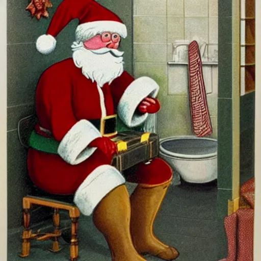 Image similar to santa claus sitting on a toilet in someone's bathroom in the style of currier and ives