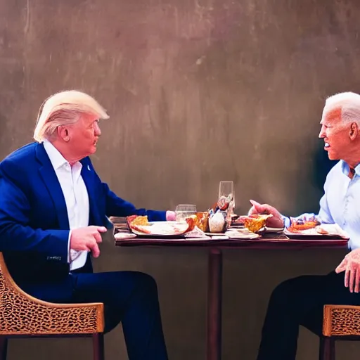 Image similar to donald Trump and joe Biden having dinner at a fancy Balinese restaurant, award winning photography, 85mm, perfect faces