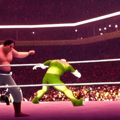 Image similar to shrek vs andre the giant at wrestlemania 8, dramatic lighting, 8k , WWE poster