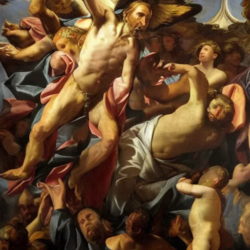 Prompt: nic cage as Baroque painting high detail masterpiece godrays shining down in religious fervor by Giovanni Lorenzo Bernini.