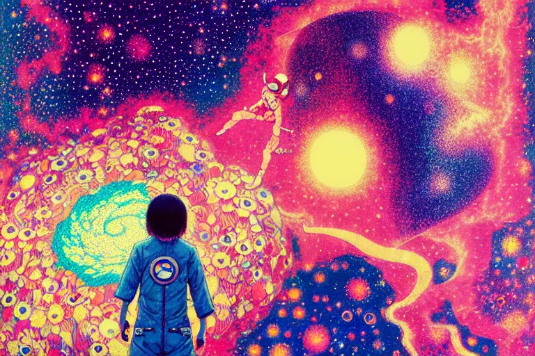 Prompt: hikari shimoda, takashi murakami, james jean, makoto shinkai, akihiko yoshida, textured, stippled lighting, portrait of a nebula with a female astronaut floating, gustav klimt, lomography, colorful, dynamic perspective, dynamic pose, dramatic lighting, hdr, ilya kuvshinov, yoh yoshinari, editorial illustration