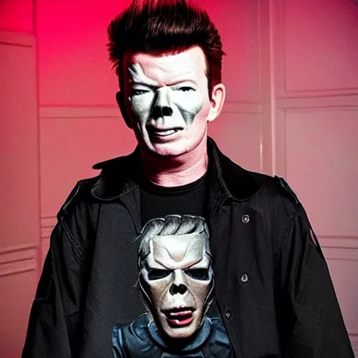 Image similar to rick astley as a slipknot member