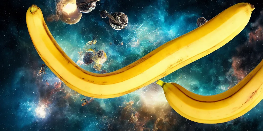 Image similar to giant banana falling through space and time, realistic 4 k octane beautifully detailed render, 4 k post - processing, highly detailed, intricate complexity, epic composition, magical atmosphere, cinematic lighting, masterpiece, ultra hd