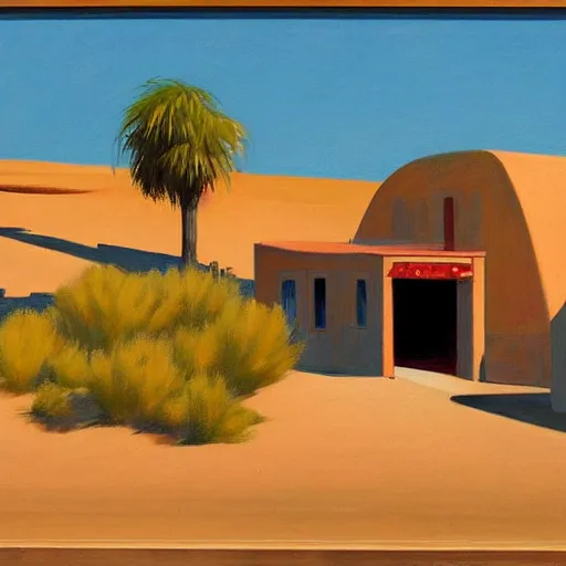 Prompt: motel in a desert rural landscape, painted by François Roca and Edward Hopper, highly detailed