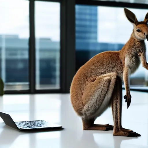 Prompt: A photo of a kangaroo in a business suit working in a corporate office, 4K, realistic