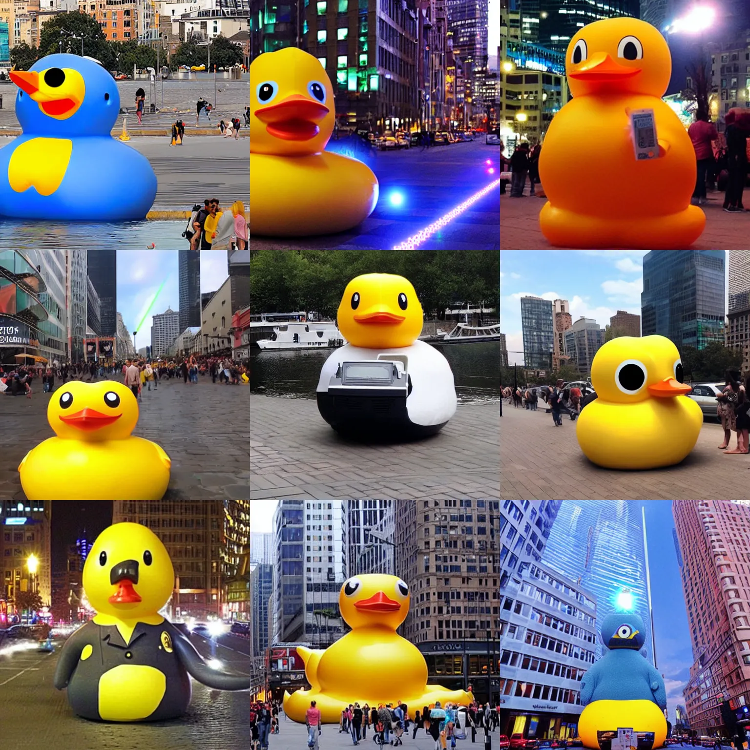 Prompt: World's Largest Rubber Duck terrorising the city with his laser eyes