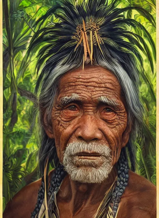 Prompt: a beautiful painting portrait of a very old indigenous grand-father in the amazon jungle, matte painting, fantasy art, ayahuasca, highly detailed