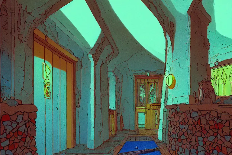 Prompt: narrow POINT PERSPECTIVE DUNGEON pear ROOM, painted by Edward Gorey and Moebius and Greg Rutkowski and Paul Wenzel and George Barr and Stephen Youll,trending on artstation, iridescent cool blue and cyan and red and blue and yellow and green lighting front view futuresynth , outrun , vibrant colors, Sabattier filter , Watercolor