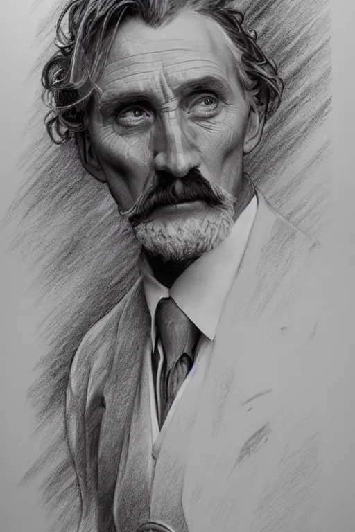 Image similar to hyperrealist pencil sketch of ken curtis as festus david malan and alphonse mucha, fantasy art, drawing, dynamic lighting, artstation, poster, volumetric lighting, very detailed faces, 4 k, award winning