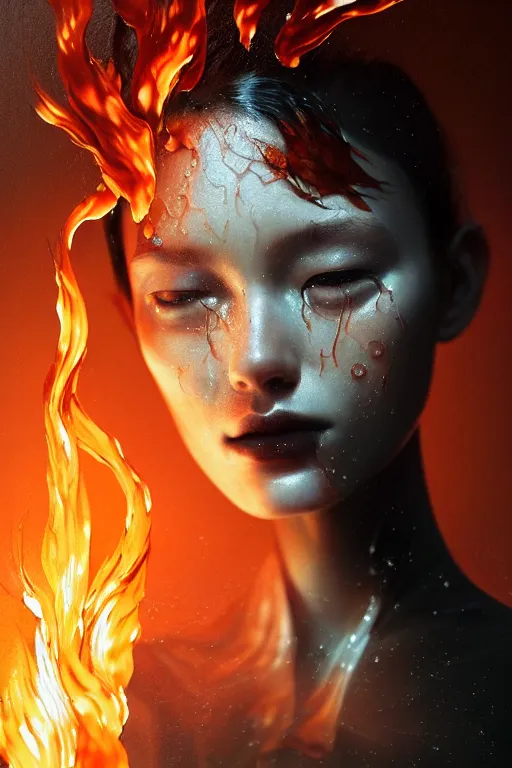 Prompt: 3 d, crying fashion model, flame, liquid black water, morning, vogue cover style, poster art, high detail, intricate oil painting, multiple exposure, heaven mood, hyperrealism, 3 d, by tooth wu and wlop and beeple and greg rutkowski