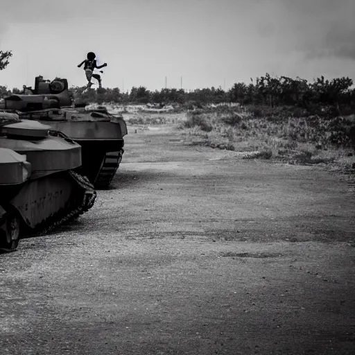 Prompt: a kid running away from a line of tanks coming towards him from behind, dslr photo