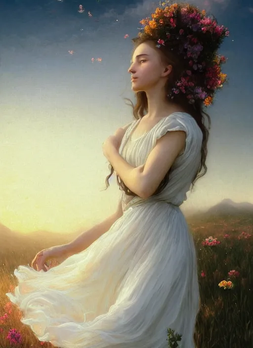 Image similar to oil painting portrait of a young woman with flowers in her long dark flowing hair in a white dress, dancing levitating floating over a field of flowers at sunset with mountains in the background, hazy, digital art, chiaroscuro, artstation, cinematic, golden hour, digital art painting by greg rutkowski, bouguereau, hazy atmosphere, flowers, cinematic lighting