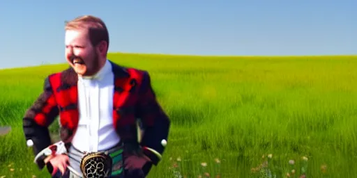 Prompt: a happy scotsman wearing a kilt being happy in a meadow, 4 k, 8 k