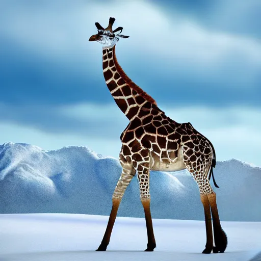 Image similar to a giraffe inhales a pile of snow into hit nostril, island background, photorealistic, 4 k