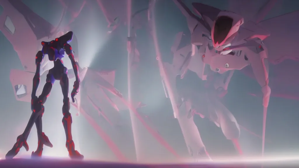 Image similar to evangelion eva - 0 1, cinematic, long exposure, white balance, 8 k, led, lumen global illumination, fog, ray tracing reflections, fxaa, rtx, post - production, cgi