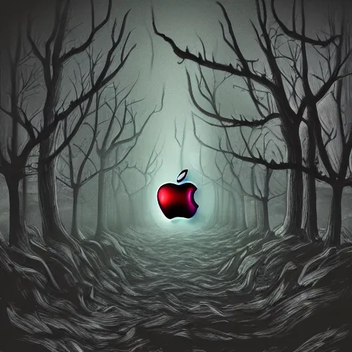 Prompt: apple as a monster, visual art style, scary atmosphere, nightmare - like dream