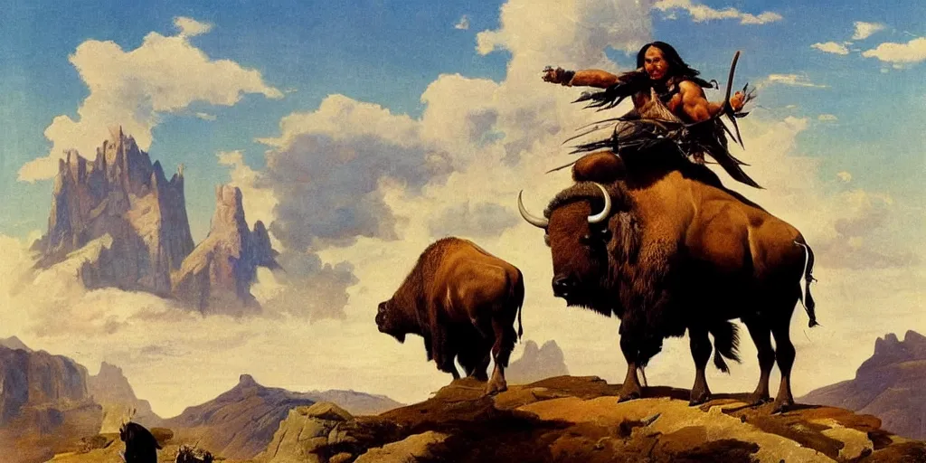 Image similar to native american riding bison, buffalo, native american warrior, mountain range, beautiful sky, standing on the edge of a cliff, 1 9 th century, painted by frazetta