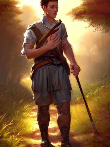 Image similar to a handsome young man holding a adorned cane. walking in a rural area. intricate, elegant, highly detailed, digital painting, artstation, concept art, sharp focus, illustration, by justin gerard and artgerm, 8 k
