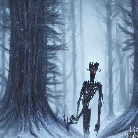 Image similar to cloaked humanoid wendigo feasting, nighttime located in a snowy dark forest, lurking horror, distant shot, dungeons and dragons, magic the gathering, forboding, high detail, oil painting, style of seb mckinnon