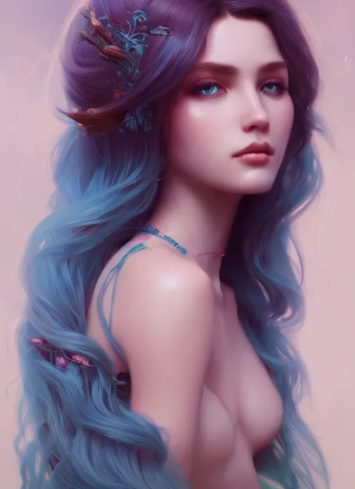 Image similar to beautiful girl with long turqoise hair, cute, intricate, highly detailed, digital painting, trending on artstation, concept art, smooth, sharp focus, illustration, unreal engine 5, 8 k, art by artgerm and greg rutkowski and alphonse mucha