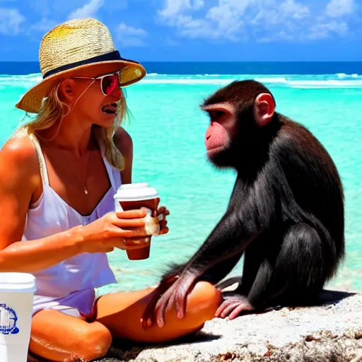 Image similar to two monkeys sipping ice coffee at a beach in the Caribbean