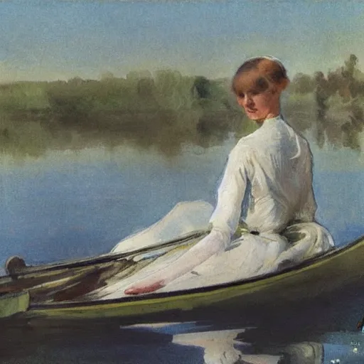 Image similar to a woman wearing an edwardian white dress sitting in a row boat on a calm lake in the style of anders zorn