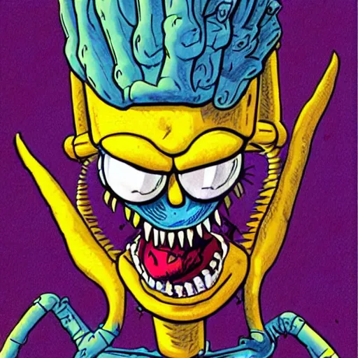 Prompt: illustration of alien creature that looks like bart simpson, in the style of wayne barlowe