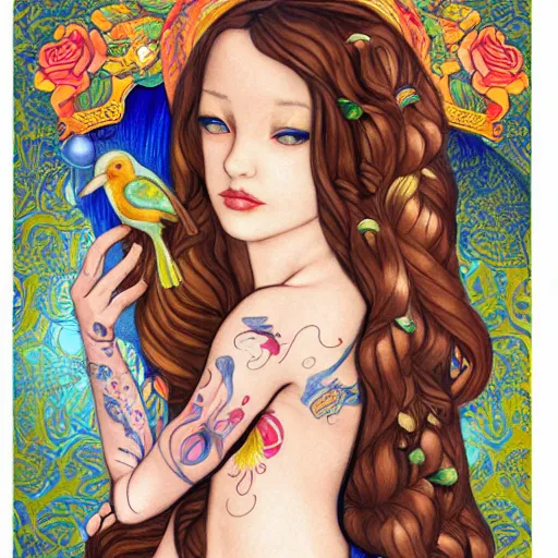 Image similar to soft by jasmine becket - griffith, by nacho carbonell illuminated manuscript, illuminated manuscript. body art. a woman is shown from behind, her body slightly blurred as if in motion. her long hair cascades down her back, & she is holding a small bird in her hand.