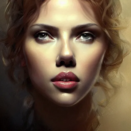 Image similar to Scarlett Johansson , beautiful bone structure, intricate, elegant, highly detailed, digital painting, artstation, concept art, smooth, sharp focus, illustration, art by artgerm and greg rutkowski and alphonse mucha