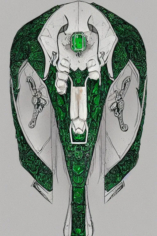 Image similar to an ancient white bone and emerald gemstone relic, intricate engraving, concept art style