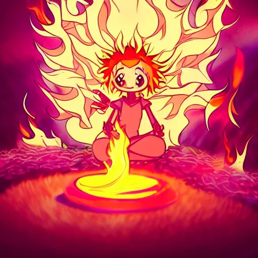 Prompt: fluffy popcorn anime character with a smiling face and flames for hair, sitting on a lotus flower, clean composition, symmetrical