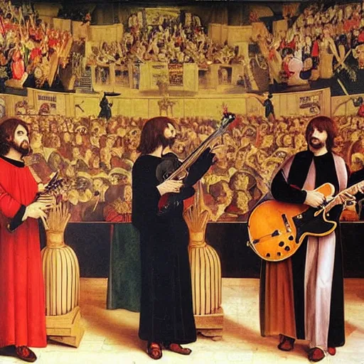 Prompt: The Beatles playing in the Globe Theatre, Renaissance art oil painting,