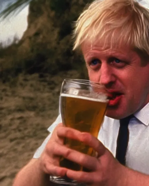 Image similar to film still close - up shot of boris johnson drinking a beer on the beach from the movie monty python's the meaning of life. photographic, photography