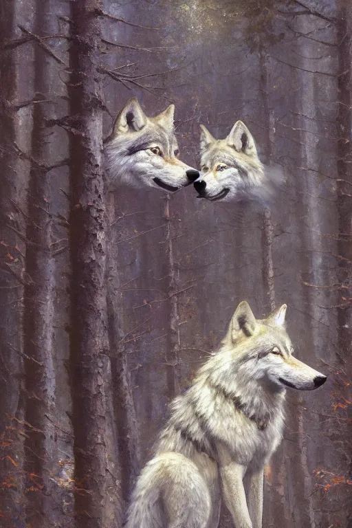 Prompt: spiritual twin flame wolf art, forest hue, highly detailed, oil painting, by craig mullins