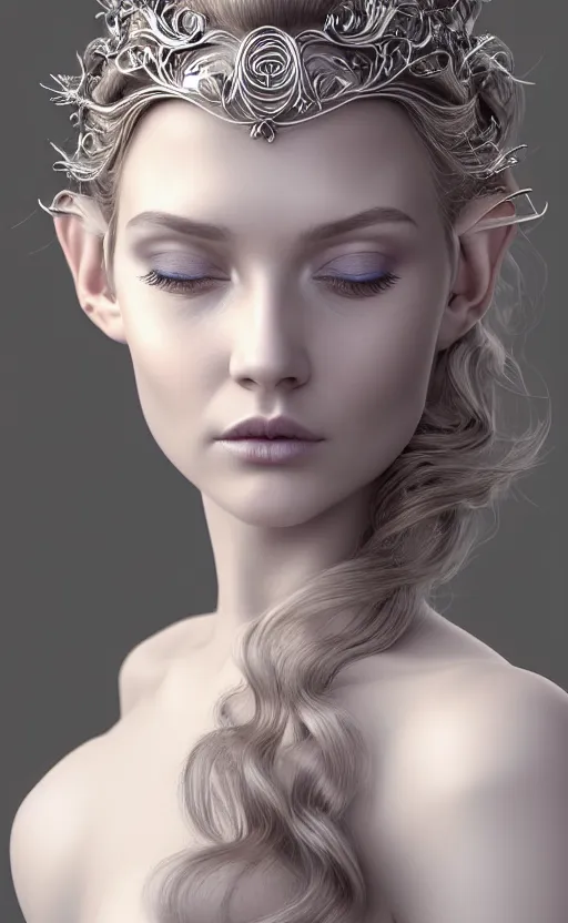 Prompt: complex 3 d render, ultra detailed, realistic headshot portrait of a beautiful porcelain skin woman, face, wispy, wavy hair worn tied back in a messy bun, wearing filigree silver elven circlet, white dress, detailed eyes, round catchlights, flowers in hair, mauve lips, 8 5 mm lens, beautiful, studio portrait, proportional,