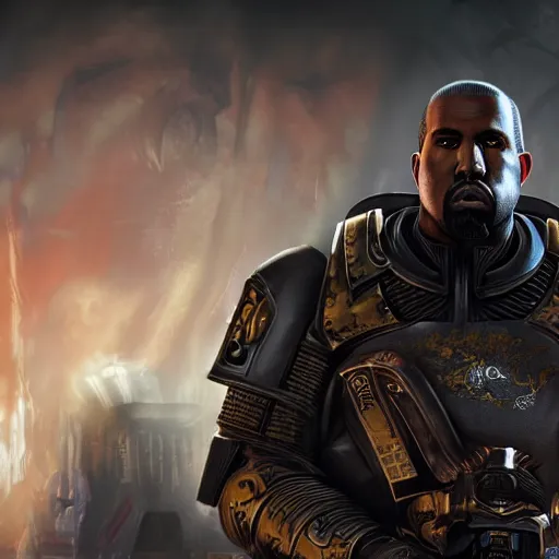 Image similar to Portrait of Kanye West as the emperor of humanity from warhammer 40k in Gears of War, splash art, movie still, cinematic lighting, dramatic, octane render, long lens, shallow depth of field, bokeh, anamorphic lens flare, 8k, hyper detailed, 35mm film grain