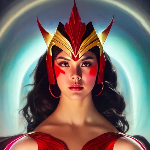 Image similar to catriona gray as darna, volumetric lights, red and cyan theme, art nouveau botanicals, intricate, highly detailed, digital painting, artstation, concept art, smooth, sharp focus, cinematic, illustration, beautiful face, art by artgerm and greg rutkowski and alphonse mucha