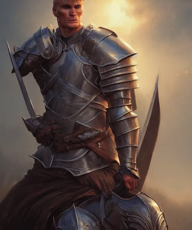 Image similar to a ( fantasy comic ) ( cover art ) portrait of a valiant knight who looks like ( young dolph lundgren ), oil painting by greg rutkowski and serhiy krykun and artgerm, photorealistic, d & d, highly detailed!, hd, 4 k, trending on artstation