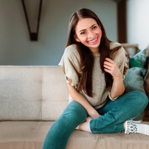 Image similar to Photo of a cute young woman smiling, long shiny bronze brown hair, full round face, emerald green eyes, medium skin tone, light cute freckles, smiling softly, wearing casual clothing, relaxing on a modern couch, interior lighting, cozy living room background, medium shot, mid-shot, soft focus, professional photography, Portra 400