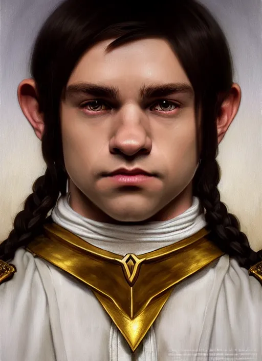 Image similar to symmetry!! oil painting dungeons & dragons portrait of a young halfling male cleric, white robe with gold accents, light brown hair pony tail, wry smirk, brown, gold and white cloak, necklace, elegant, highly detailed, artstation, concept art, smooth, sharp focus, illustration, art by artgerm and greg rutkowski and alphonse mucha