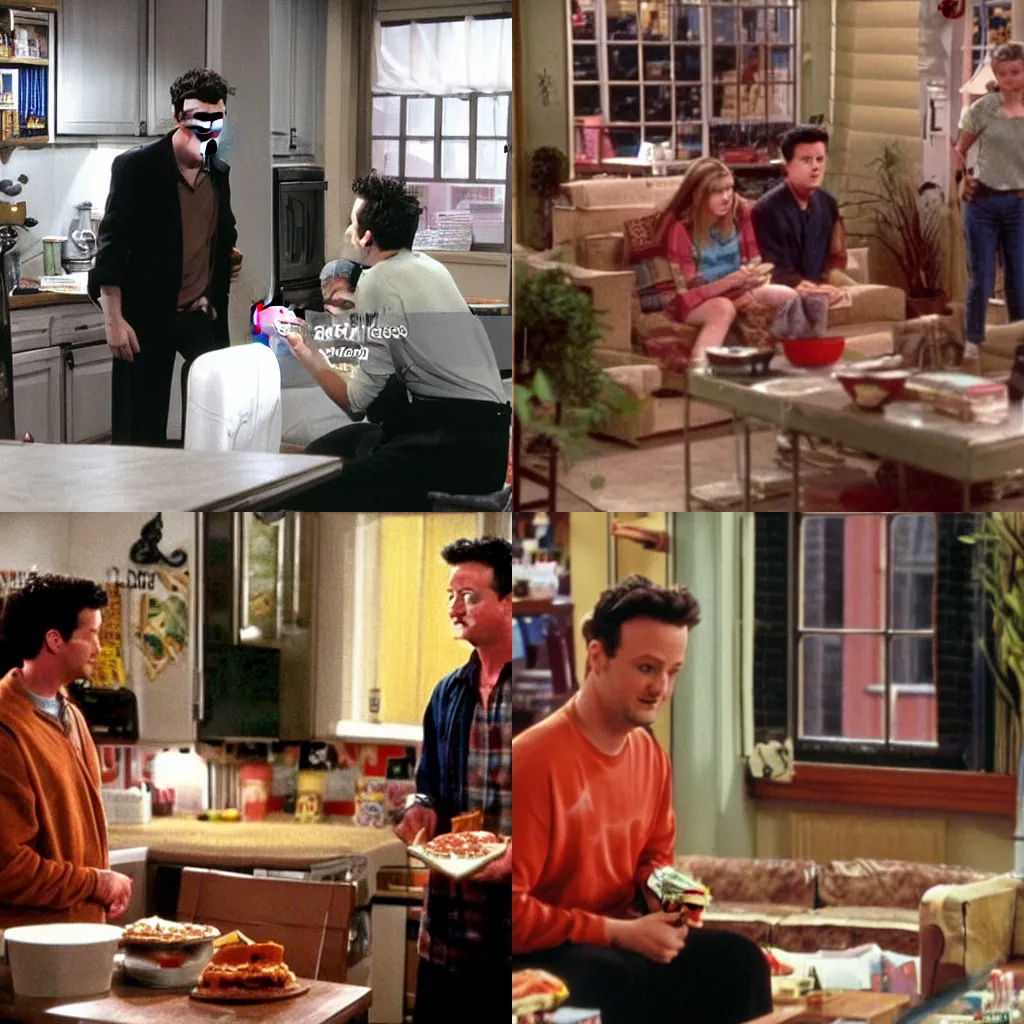 Prompt: friends tv show episode, young Matthew Perry alone eating pizza in Monica's apartment
