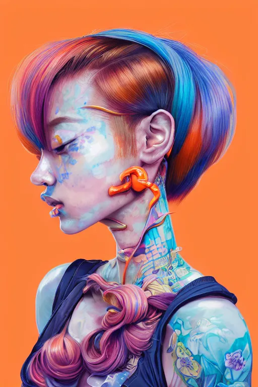 Image similar to a award winning half body portrait of a beautiful woman in a croptop and cargo pants with ombre orange blue teal hairstyle with head in motion and hair flying by yoshii chie and hikari shimoda and martine johanna and will eisner, outrun, vaporware, digital art, trending on artstation, highly detailed, fine detail, intricate