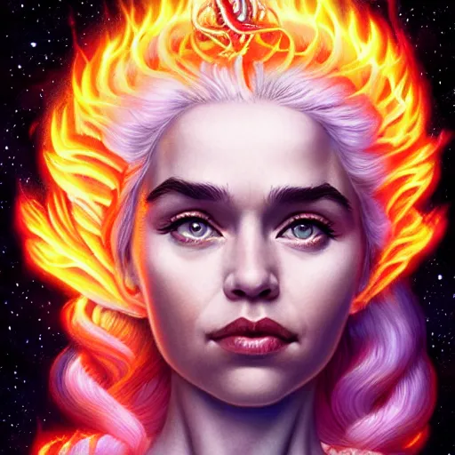 Image similar to fire flaming cosmic lofi daenerys targaryen portrait, queen of dragons, Pixar style, by Tristan Eaton Stanley Artgerm and Tom Bagshaw.