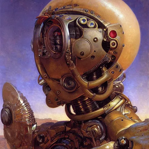 Image similar to highly detailed portrait of an humanoid robotic alien mecha, painting by gaston bussiere, craig mullins, j. c. leyendecker, lights, art by ernst haeckel, john william godward, hammershøi,