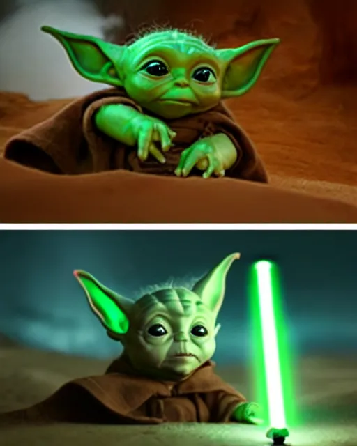 Prompt: baby yoda holding a tiny glowing lightsaber, rides an armored corgi dog, hyperreal, sand people, star wars filmed in the style of cinematographer gilbert taylor