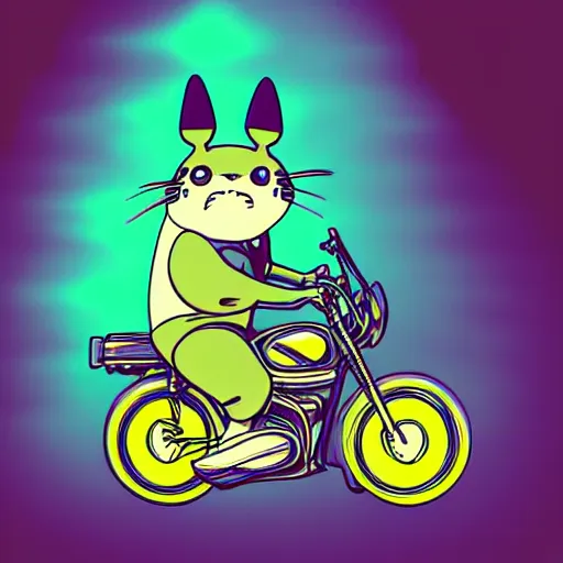 Prompt: totoro riding a motorbike on a synthwave background. Colorful neon artwork